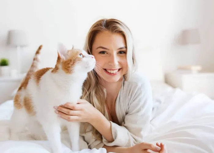 pets, morning, comfort, rest and people concept - happy young woman with cat in bed at home